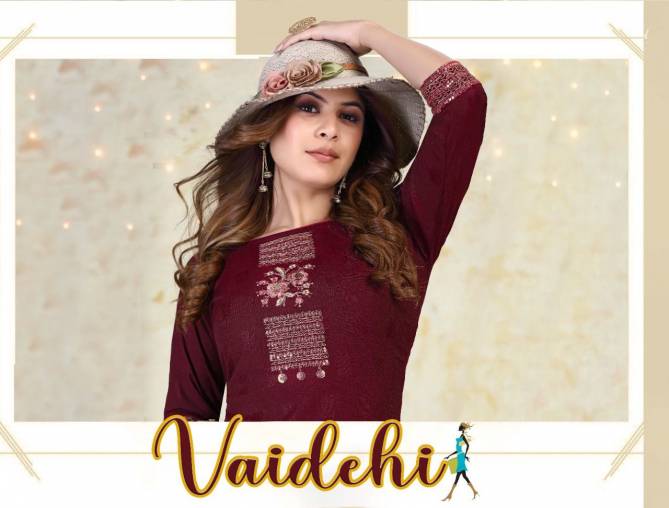 New Vaidehi 1 Rayon New Fancy Wear Straight Cut Designer Kurti Collection